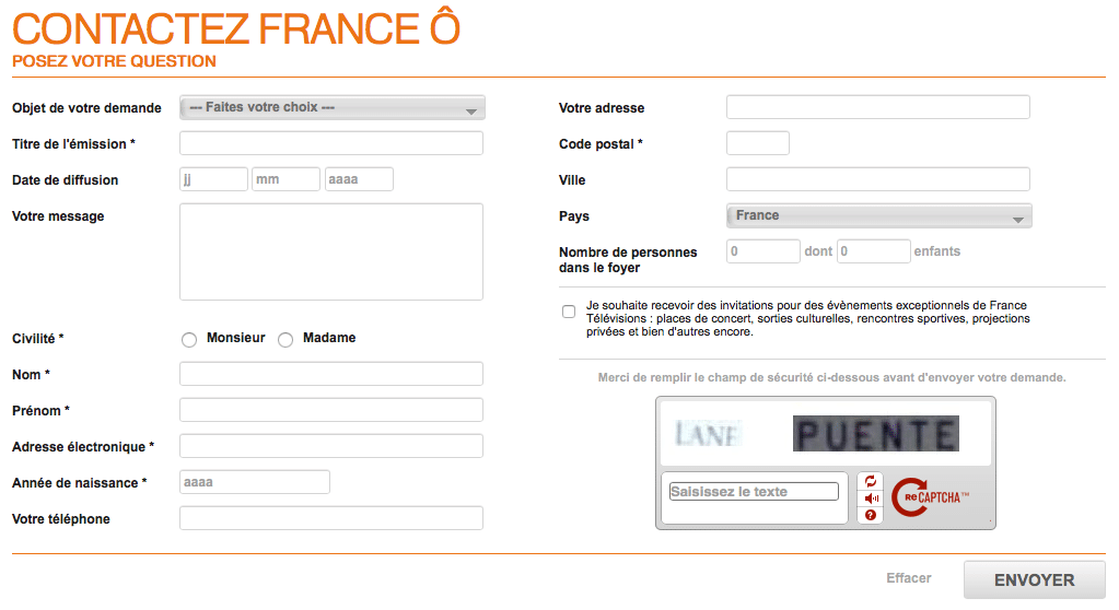 Formulaire contact France Ô