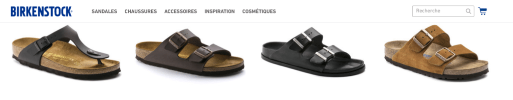 Exemple de modèles de chaussures en vente sur le site birkenstock