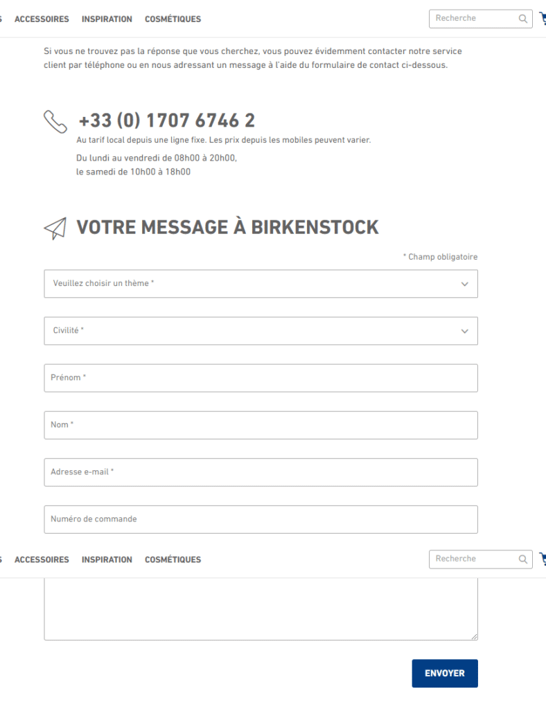 Aperçu de la page de contact du site Birkenstock