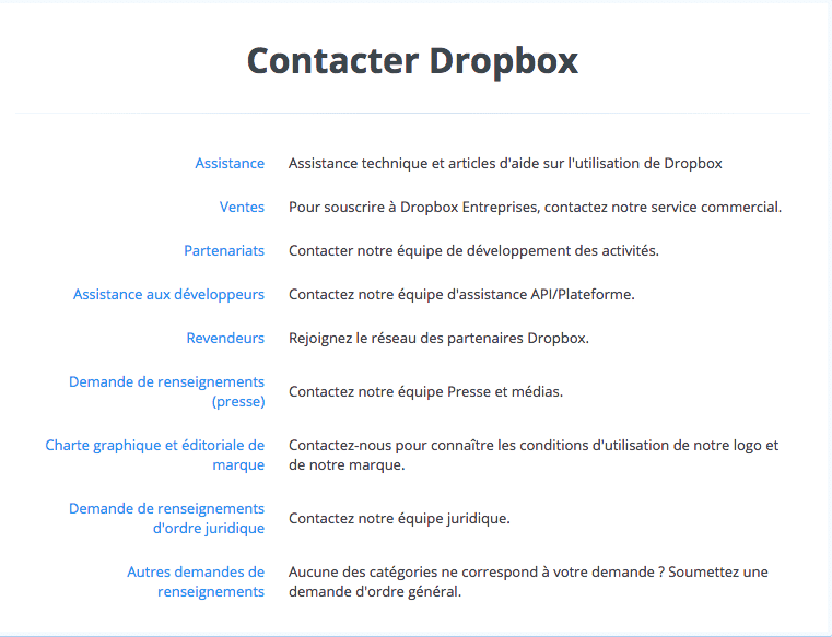 Page de contact de Dropbox