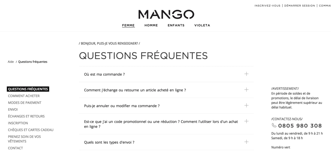 aperçu de la page de contact Mango