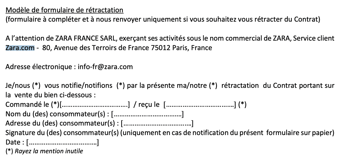 formulaire rétractation Zara